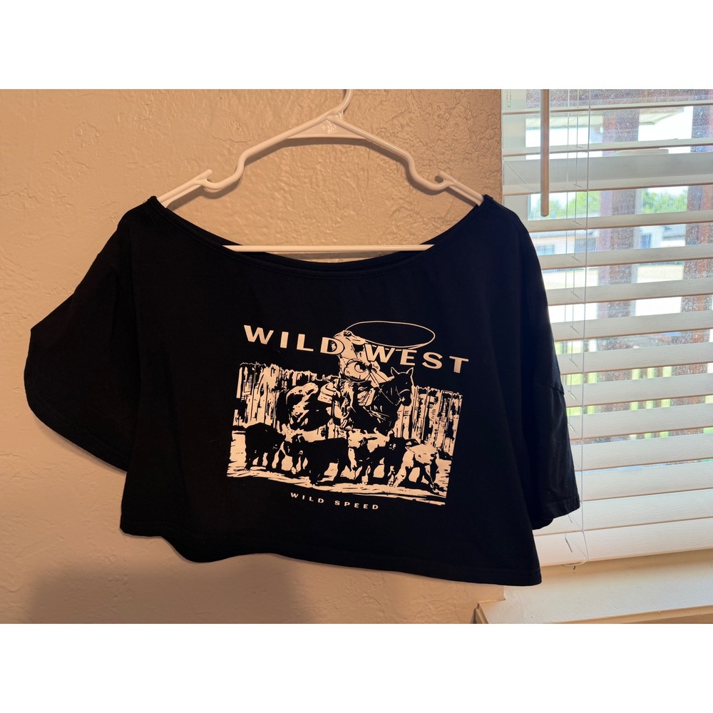 Wild West Wild Speed Graphic Crop Top Black Off Shoulder Western Tee XL